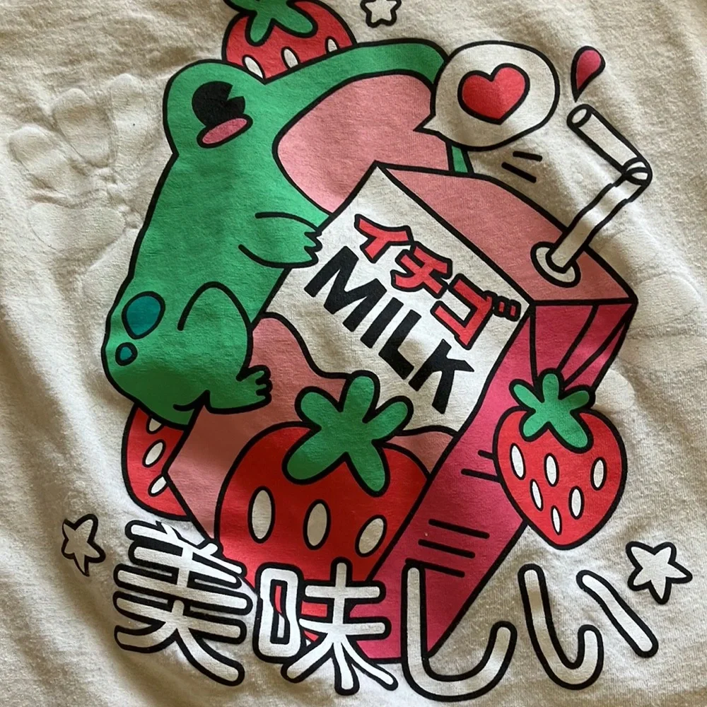 Cute Kawaii T-shirt that has a frog on it strawberry milk and strawberries - Picture 4 of 6